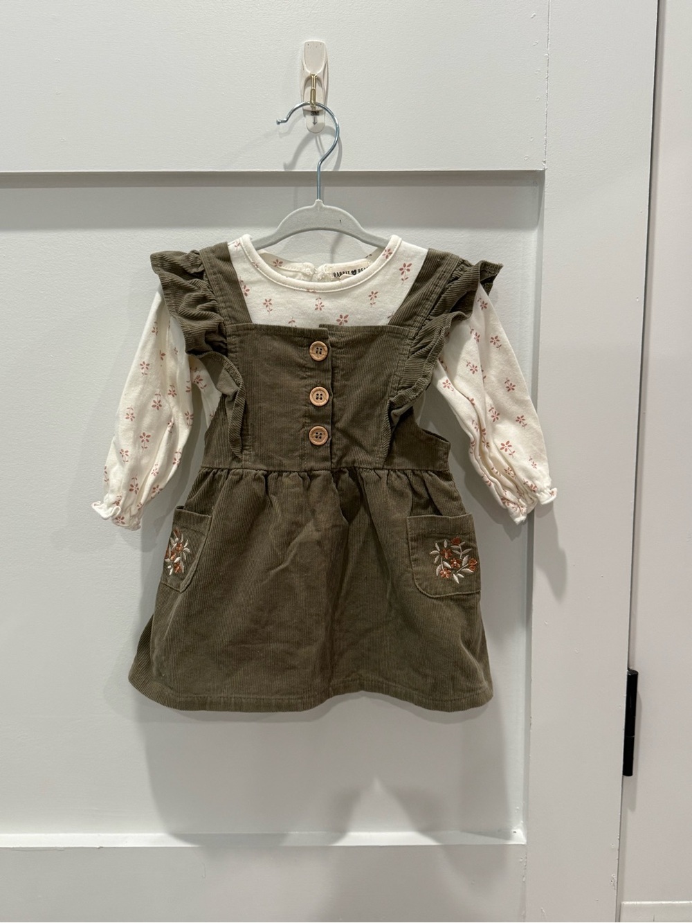 Toddler Olive Green Corduroy Pinafore Dress with Cream Floral Top